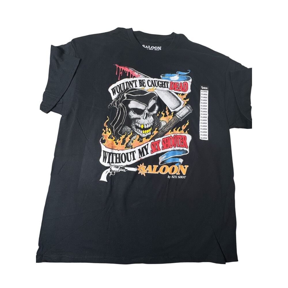 Six Shot Shooter Saloon Graphic T-Shirt Skull Guns Western Biker Mens Large